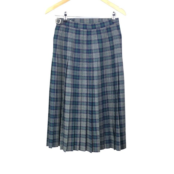 Vintage Lady Halrin Navy + Green Plaid Wool Pleated Skirt Size 10 - Picture 2 of 8